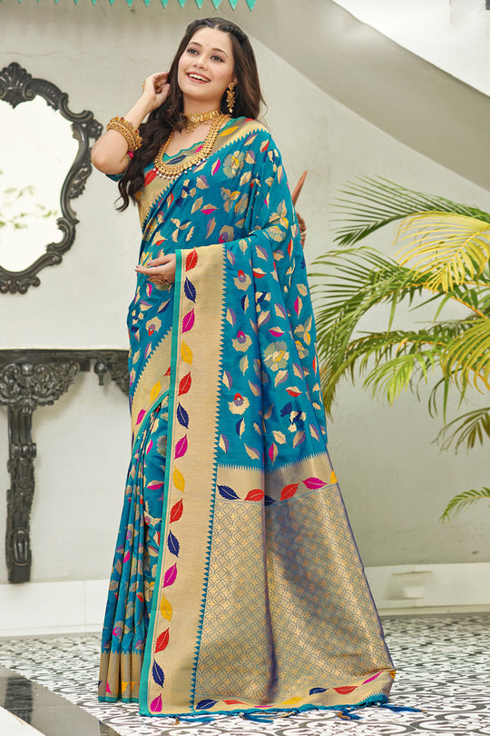 Sky Blue Banarasi Silk Saree With Blouse