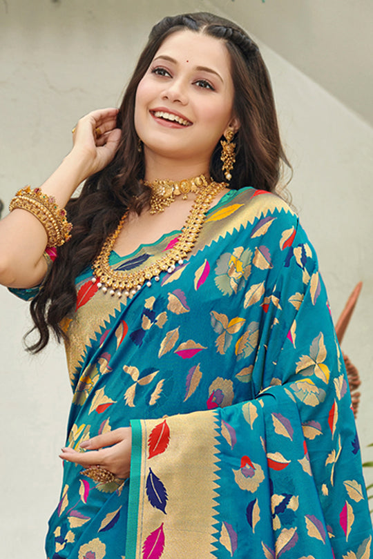 Sky Blue Banarasi Silk Saree With Blouse