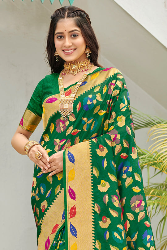Dark Green Banarasi Silk Saree With Blouse