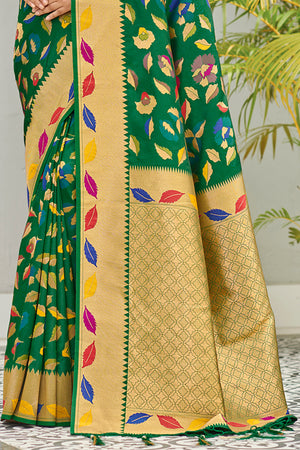 Dark Green Banarasi Silk Saree With Blouse