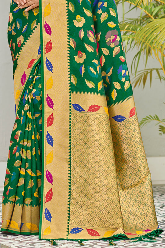 Dark Green Banarasi Silk Saree With Blouse