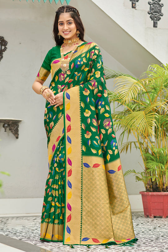 Dark Green Banarasi Silk Saree With Blouse