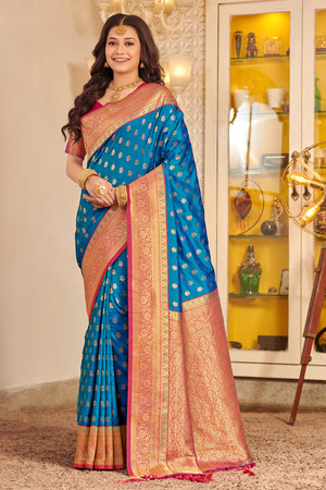 Sky Blue Banarasi Silk Saree With Blouse