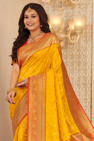 Mustard Banarasi Silk Saree With Blouse