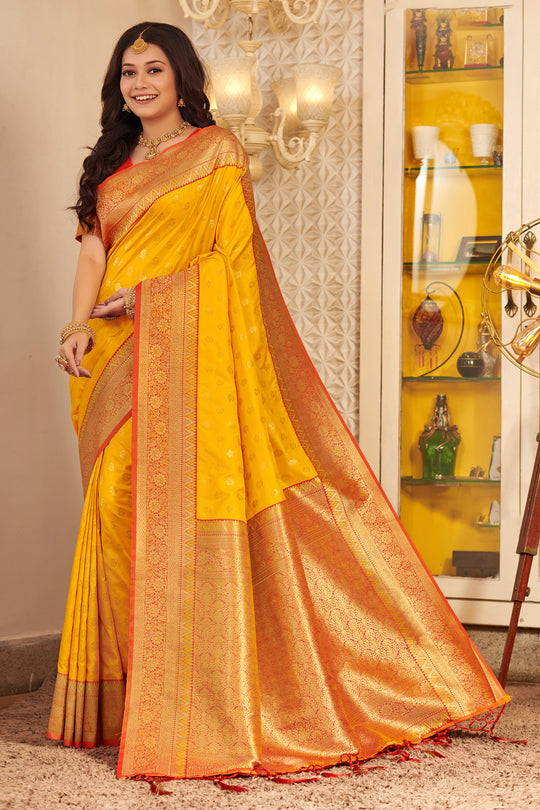 Mustard Banarasi Silk Saree With Blouse