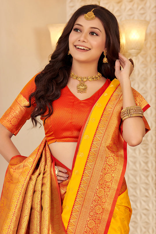 Mustard Banarasi Silk Saree With Blouse