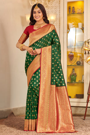 Dark Green Banarasi Silk Saree With Blouse
