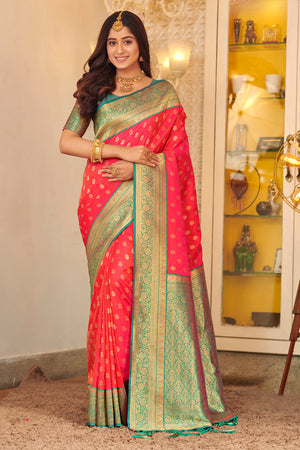 Peach Banarasi Silk Saree With Blouse