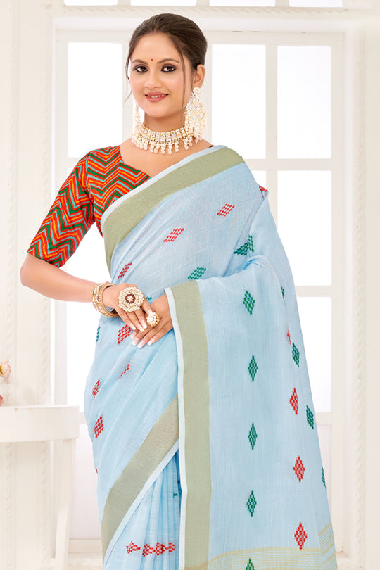 Blue Linen Blend Saree With Blouse
