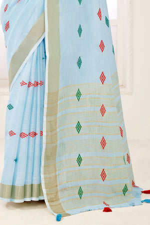 Blue Linen Blend Saree With Blouse
