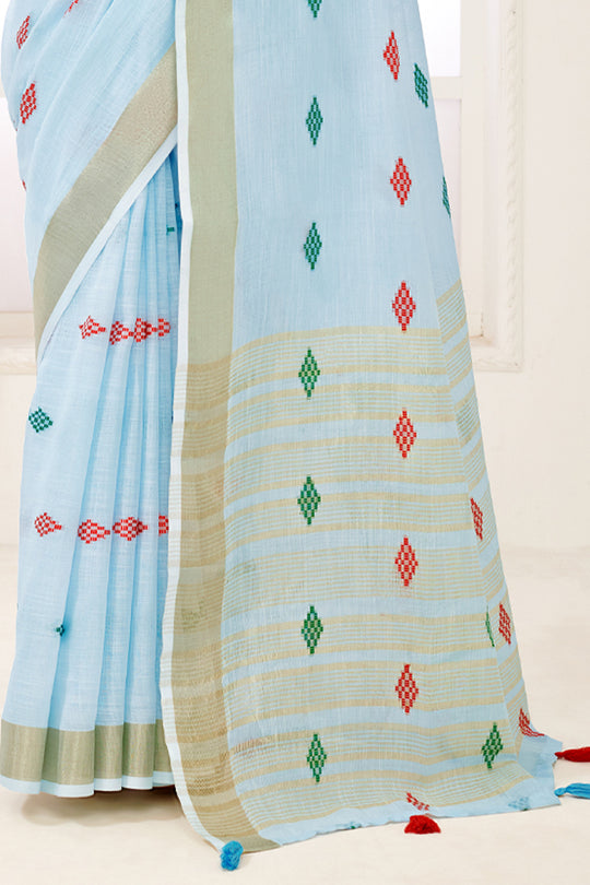 Blue Linen Blend Saree With Blouse