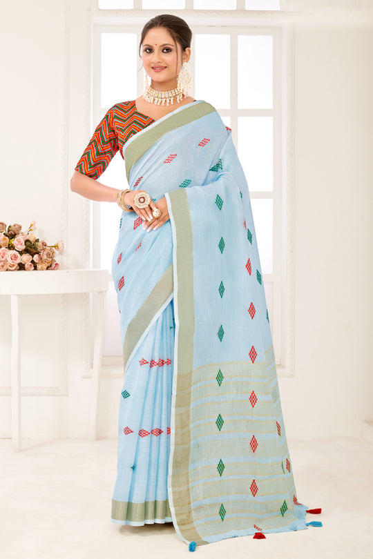 Blue Linen Blend Saree With Blouse