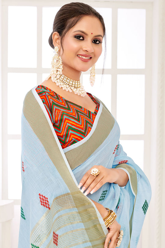 Blue Linen Blend Saree With Blouse