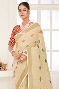 Beige Linen Blend Saree With Blouse
