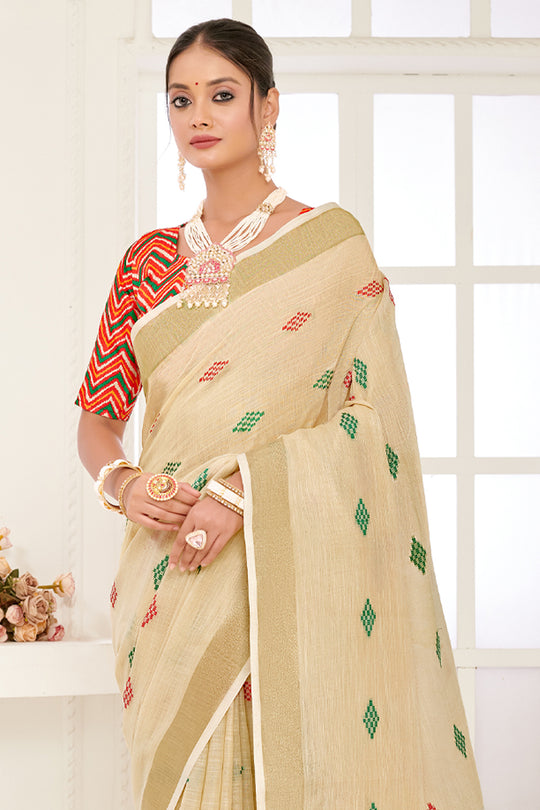 Beige Linen Blend Saree With Blouse