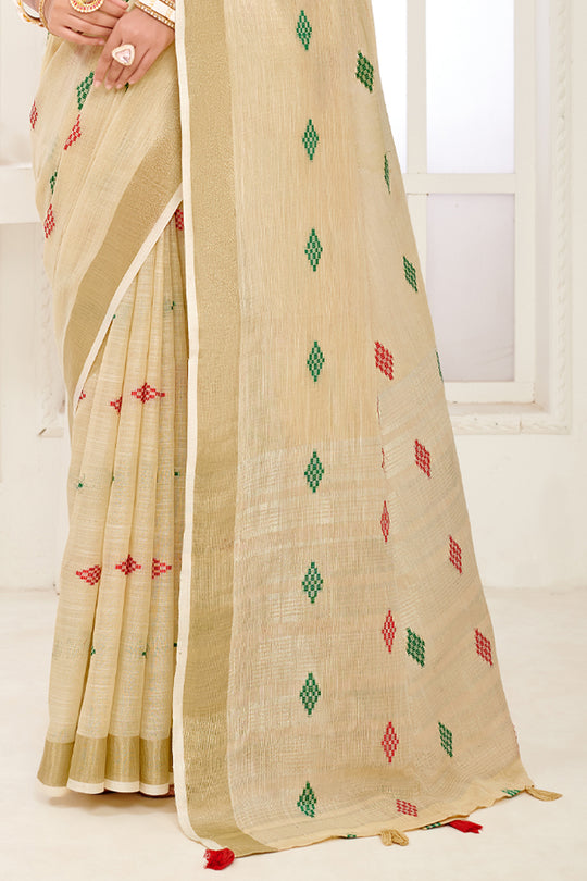 Beige Linen Blend Saree With Blouse