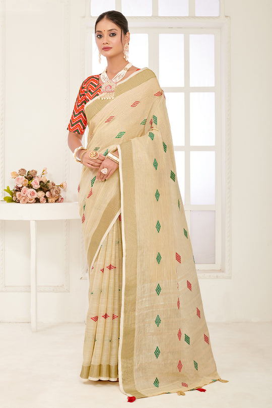 Beige Linen Blend Saree With Blouse