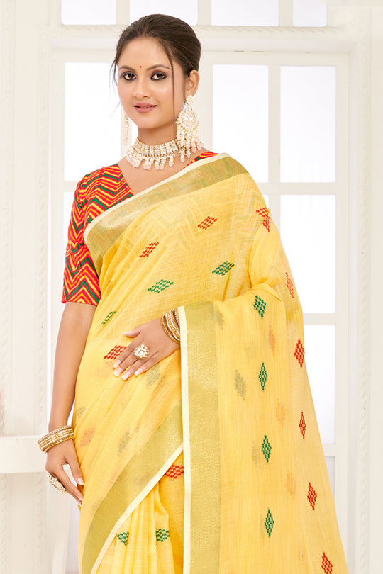 Yellow Linen Blend Saree With Blouse