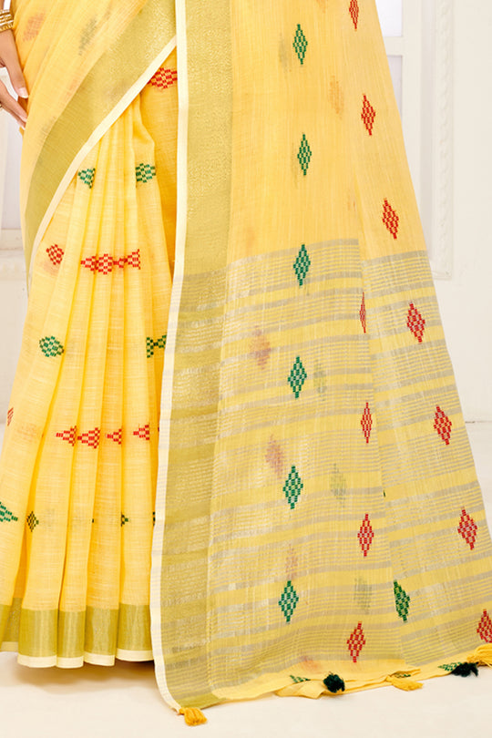 Yellow Linen Blend Saree With Blouse