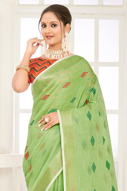 Green Linen Blend Saree With Blouse
