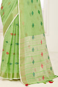 Green Linen Blend Saree With Blouse