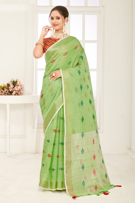Green Linen Blend Saree With Blouse