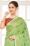 Green Linen Blend Saree With Blouse