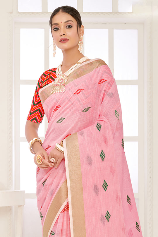 Pink Linen Blend Saree With Blouse