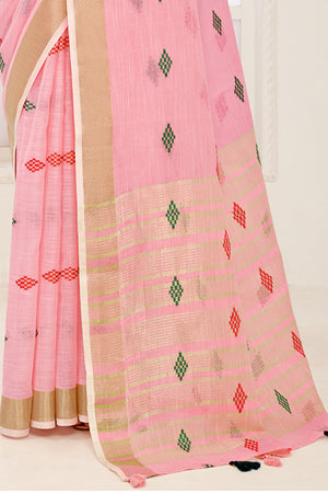 Pink Linen Blend Saree With Blouse