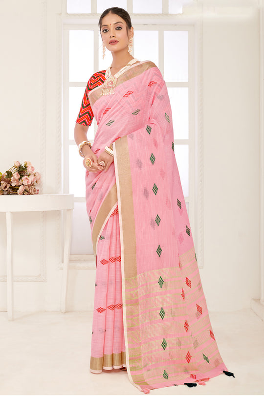 Pink Linen Blend Saree With Blouse