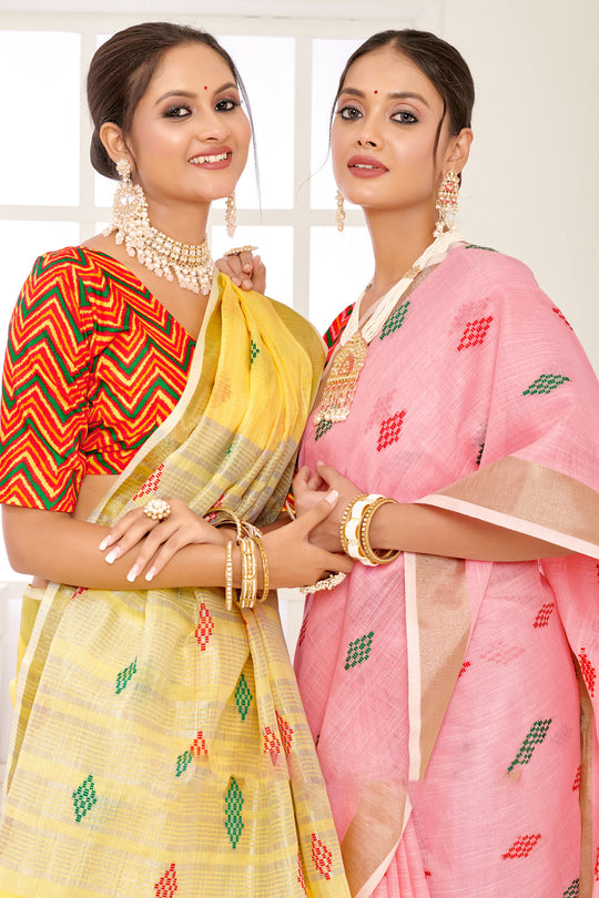 Pink Linen Blend Saree With Blouse