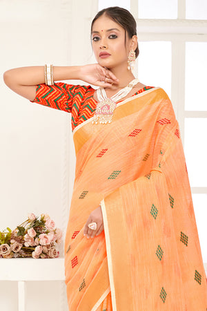 Orange Linen Blend Saree With Blouse