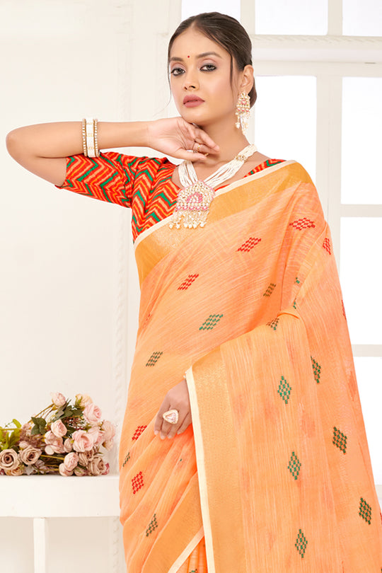 Orange Linen Blend Saree With Blouse