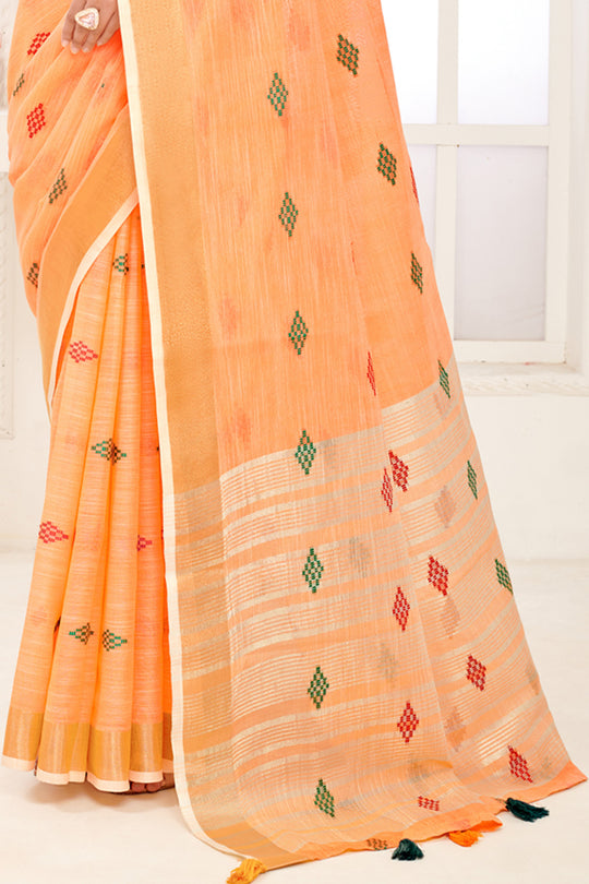 Orange Linen Blend Saree With Blouse