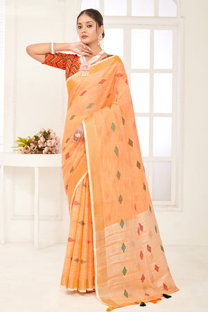 Orange Linen Blend Saree With Blouse