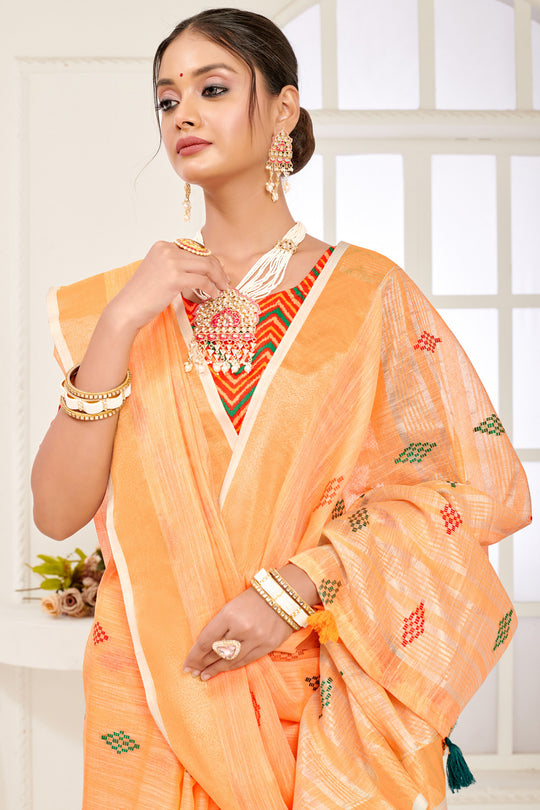Orange Linen Blend Saree With Blouse
