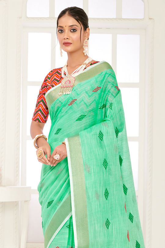 Sea Green Linen Blend Saree With Blouse