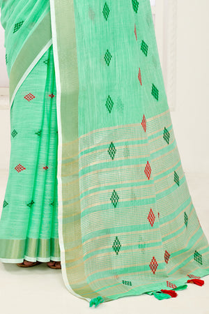 Sea Green Linen Blend Saree With Blouse