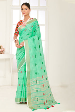 Sea Green Linen Blend Saree With Blouse