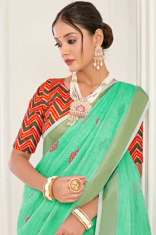 Sea Green Linen Blend Saree With Blouse