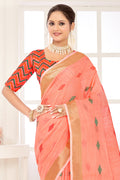 Peach Linen Blend Saree With Blouse Piece