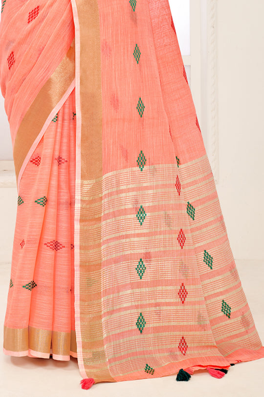 Peach Linen Blend Saree With Blouse Piece