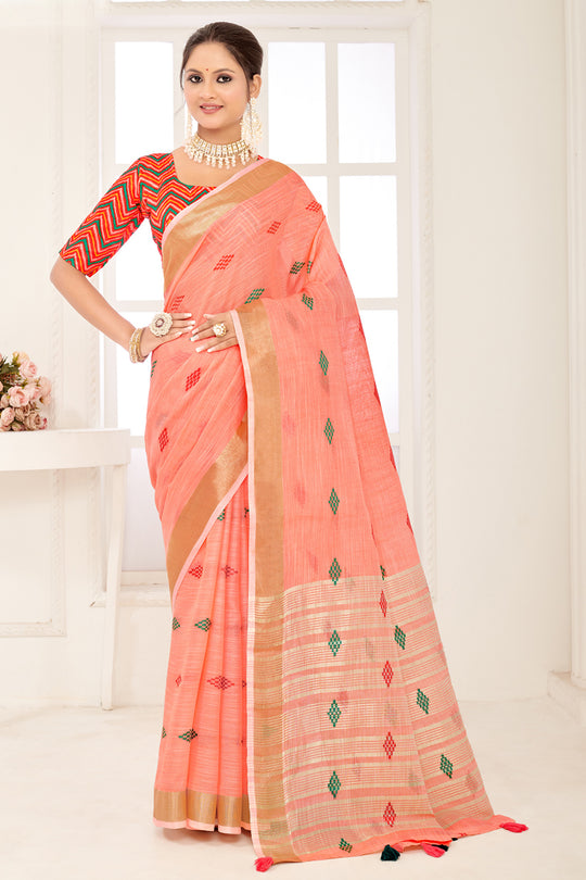 Peach Linen Blend Saree With Blouse Piece