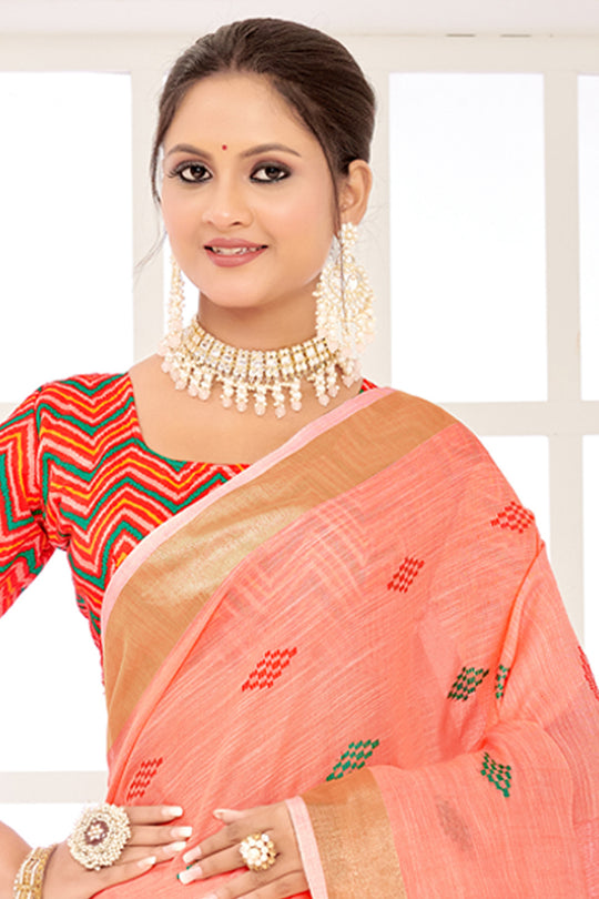 Peach Linen Blend Saree With Blouse Piece