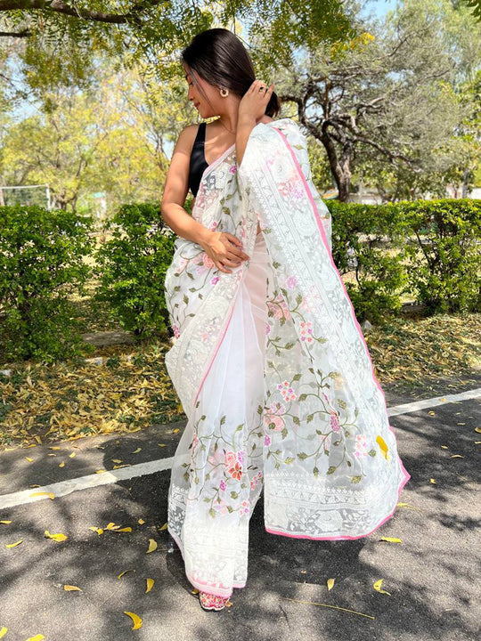 White Organza Saree With Blouse Piece