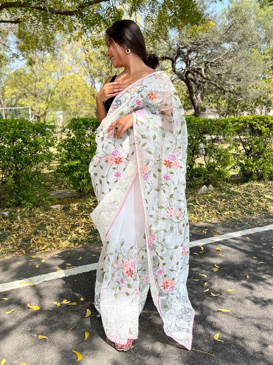 White Organza Saree With Blouse Piece