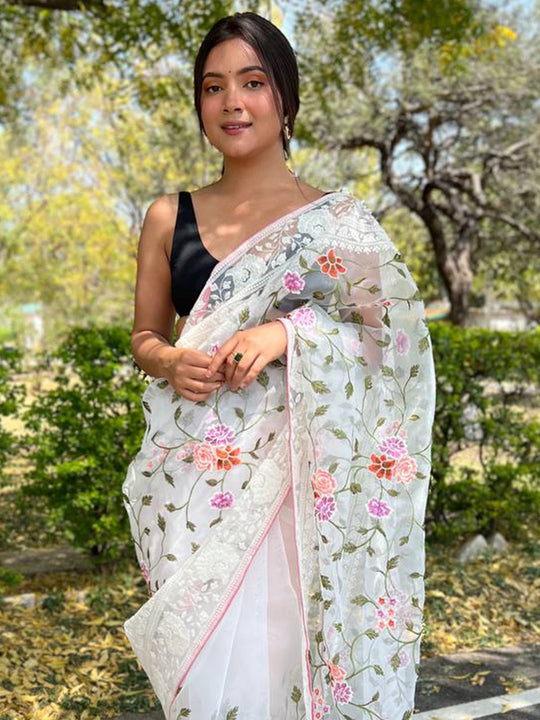 White Organza Saree With Blouse Piece