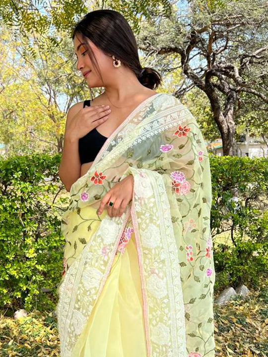 Yellow Organza Saree With Blouse Piece