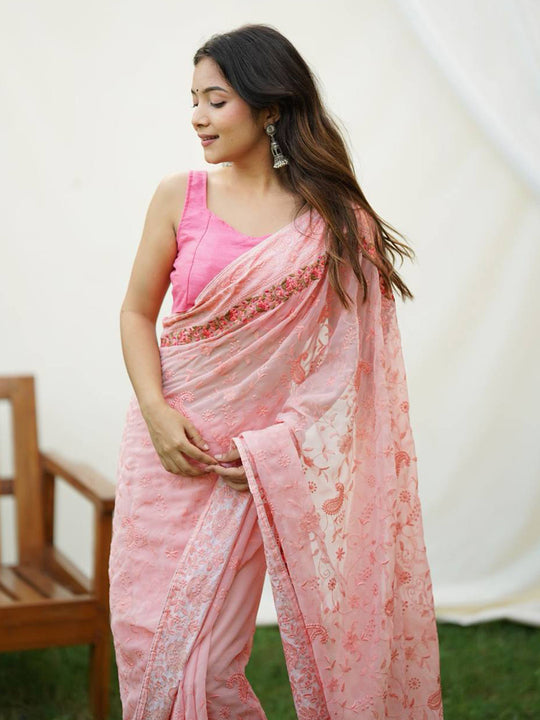 Peach Georgette Saree With Blouse Piece