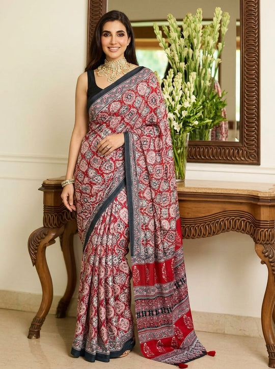 Printed Bandhani Ajrak Mirrorwork Saree